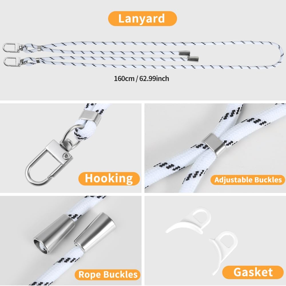 for iPhone 15 Case with 62.99 inch Lanyard, Classic Clear&White Magnetic Phone Case, Drop&Shockproof Protection Cases, Phone Lanyard for Around The Neck, Compatible with Magnet Accessory