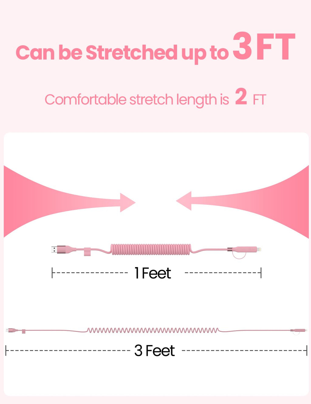 Coiled USB-C and Lightning Cable 2-in-1, 3FT Pink iPhone 15 16 Car Charger Cord, 60W Fast Charging Cable for iPhone 17, Samsung Galaxy, Cute Pink Car Accessories Supports Apple CarPlay & Android Auto