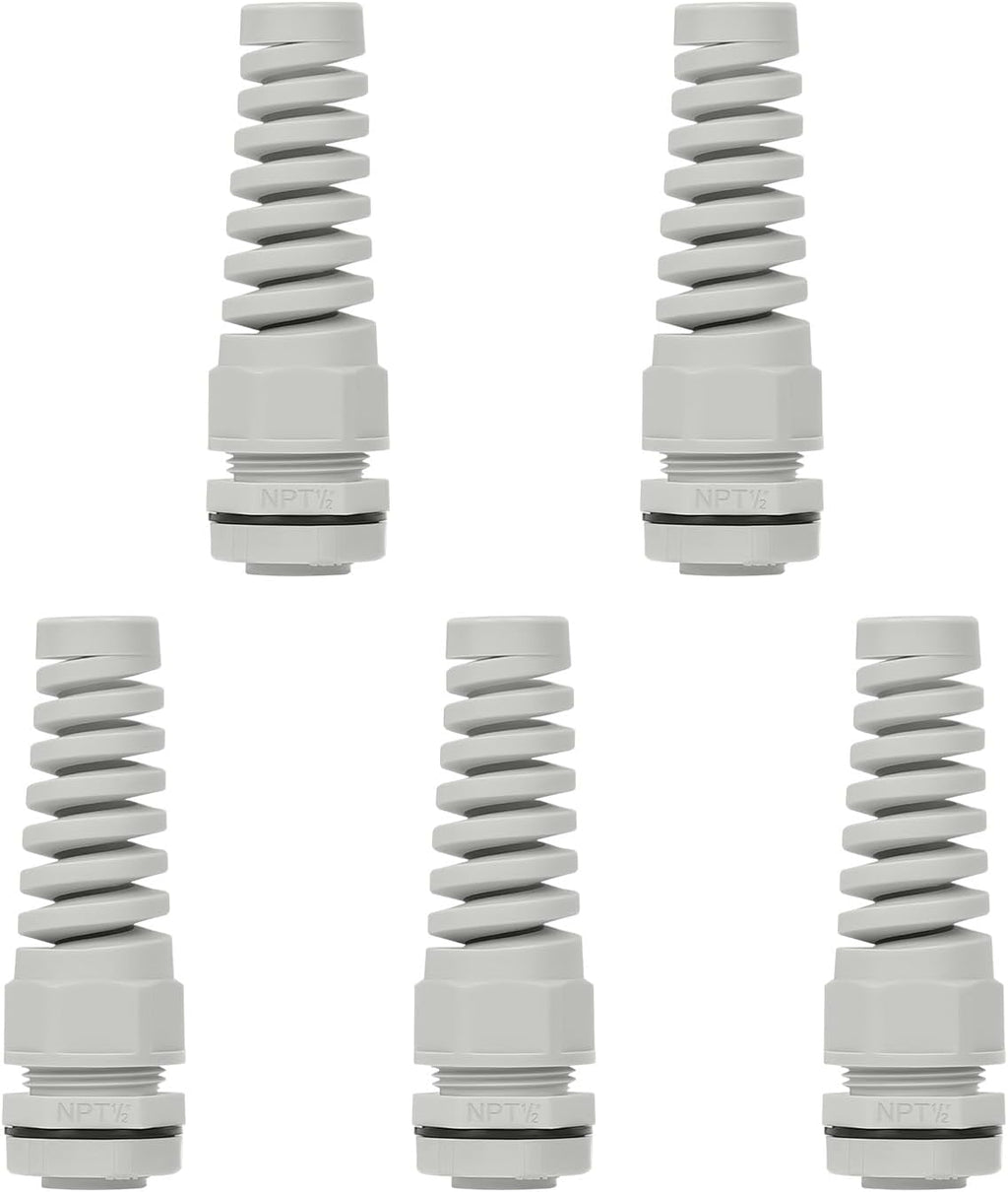 LeMotech 5Pcs NPT 1/2" IP68 Waterproof Cable Gland Flex Spiral Strain Relief Grey Nylon Joint with Gaskets for 6-12mm Wire Thread