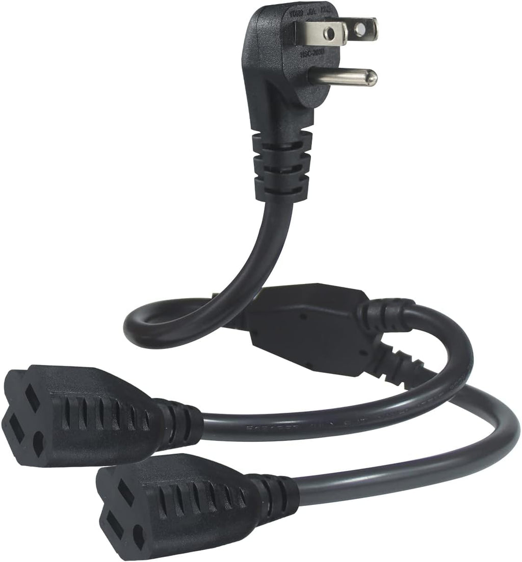 Power Cord Extension Y Splitter - 1 to 2 Way Outlet Adapter NEMA 5-15P 90-Degree Flat Plug to 2 X NEMA 5-15R with SJT 16AWG 3-Prong Cable Wire Extender Space Saver for Home Office Appliance 2-Pack