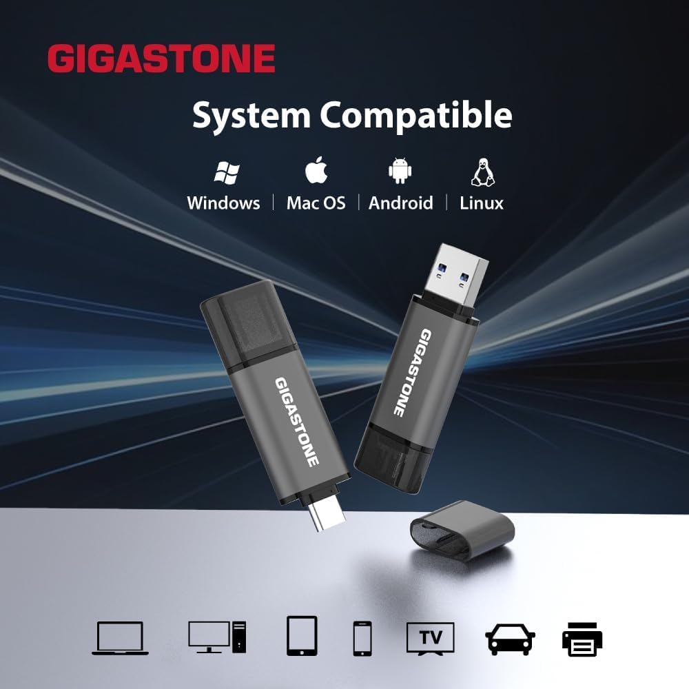 GIGASTONE 64GB Dual Flash Drive (5 Pack) Z40 USB 3.2 Gen 1, 2-in-1 Type-A & Type-C, 100MB/s Ultra Fast, Head Cap Design, Plug & Play for Smartphone/PC/Mac/TV/Car Audio, USB 2.0/3.0/3.1 Compatible