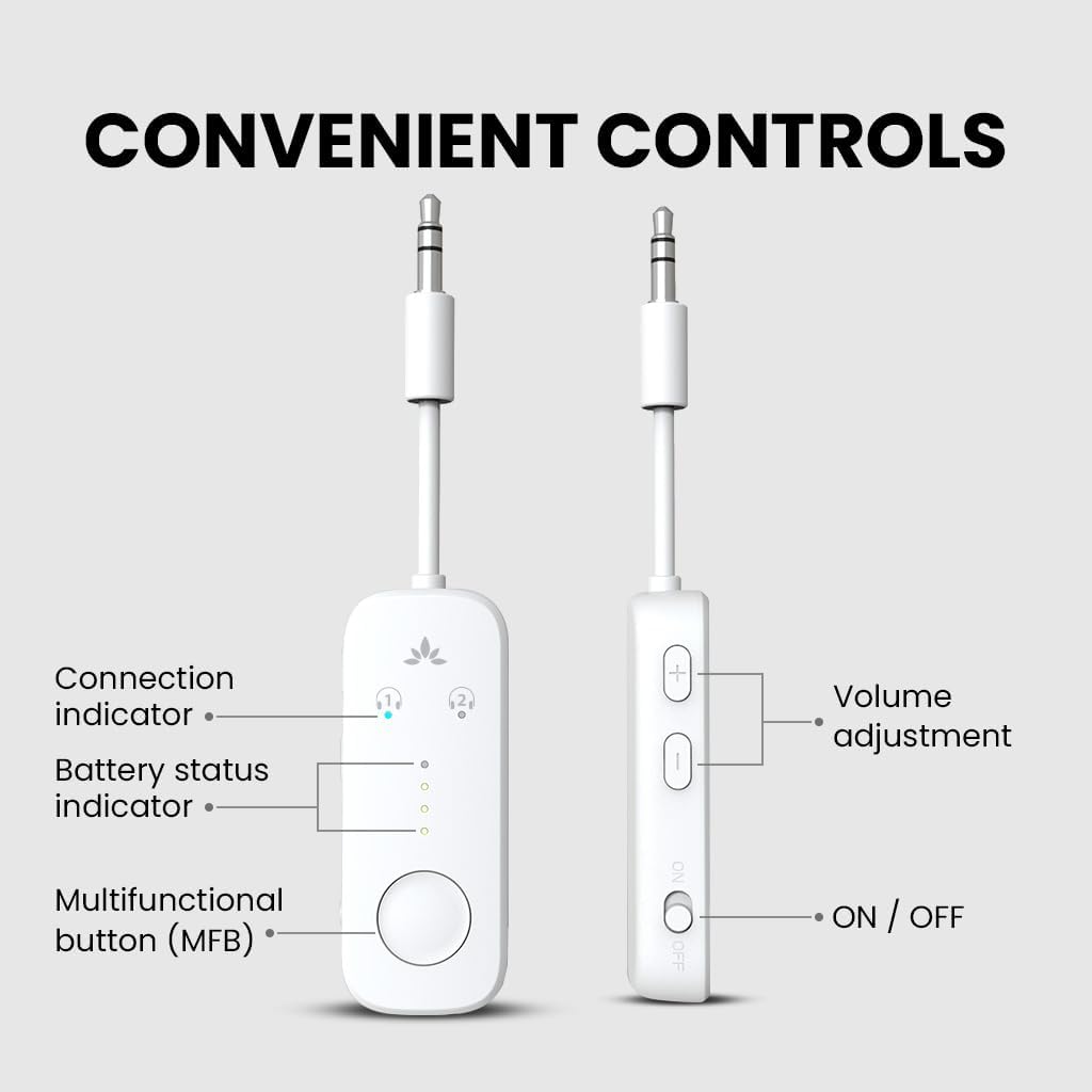 Avantree Relay - Premium Airplane Bluetooth Adapter with Advanced Qualcomm Chipset, 2 Headphones Support, 25hrs Play Time, aptX Adaptive & HD Audio Transmitter for Airpods, Bose & Travel Flight