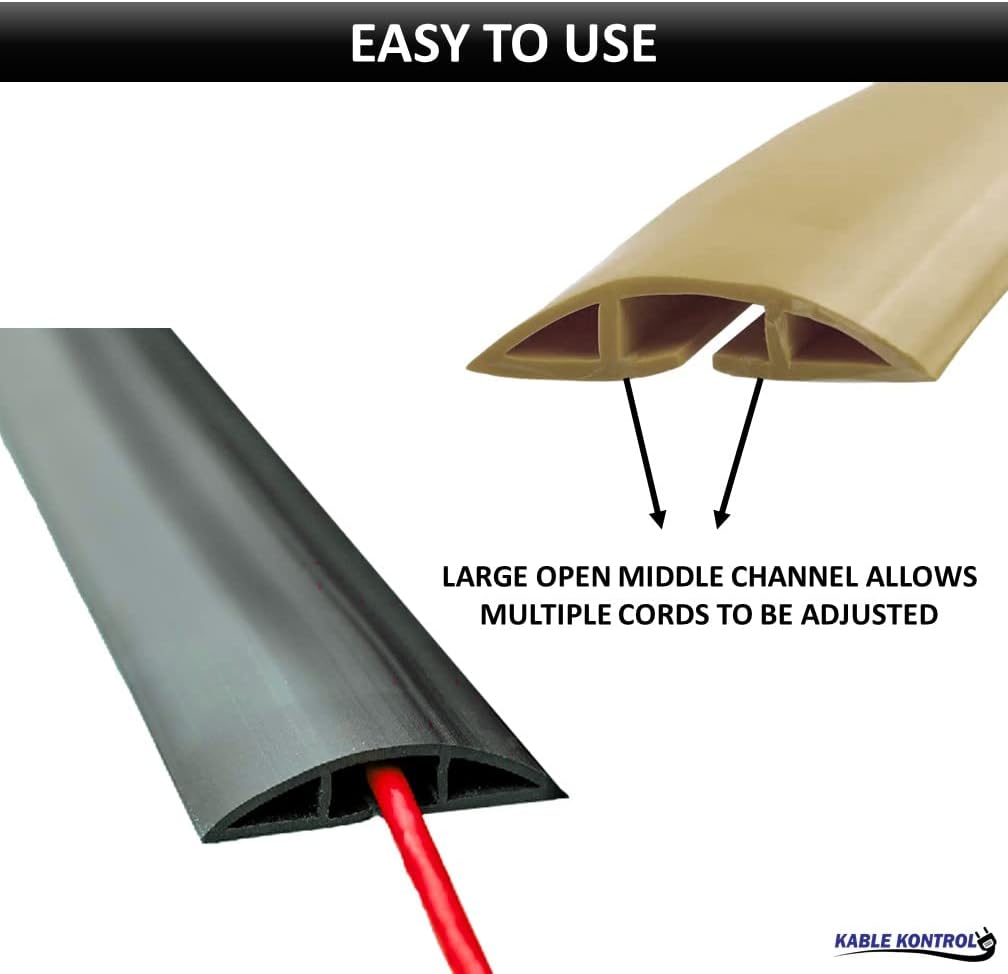 Kable Kontrol Floor Cord Cover kit - 15 Feet Long Black Plastic Cable Protector, Hides Cords and Conceals Wires, for Extension Cord Cable Management, Channel Size 0.75” W x 0.43” H