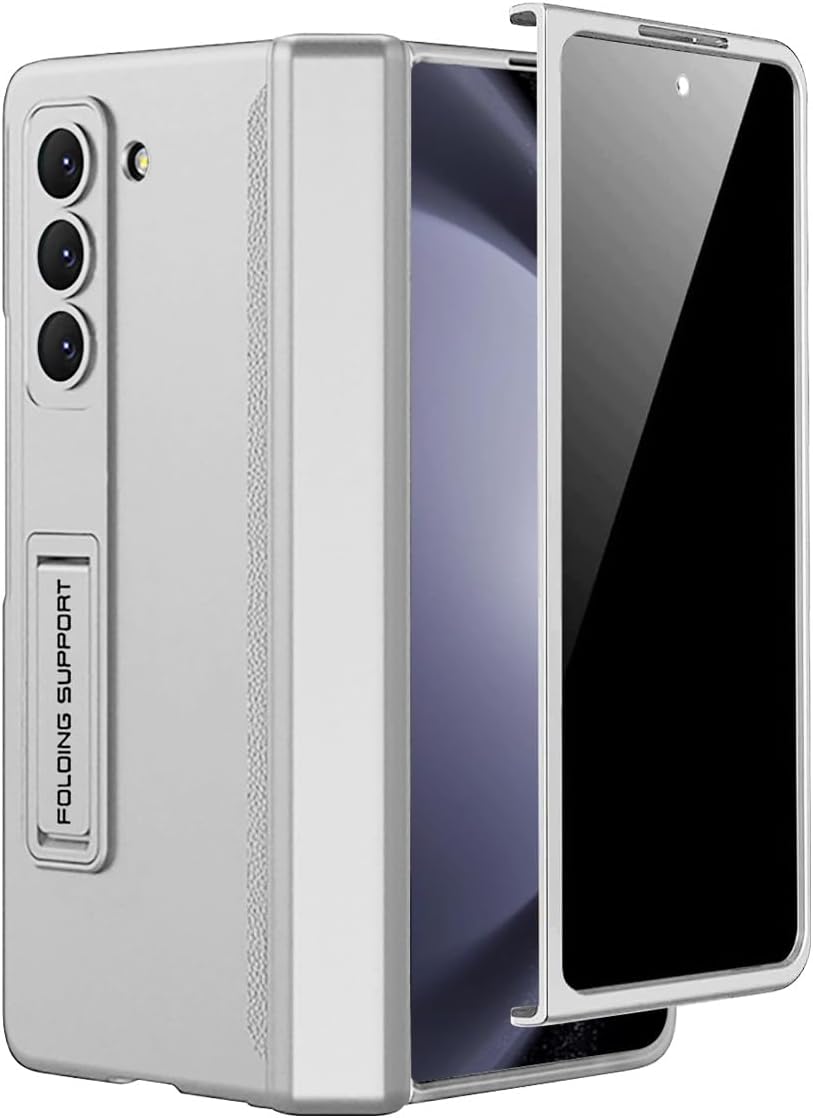 Miimall for Samsung Galaxy Z Fold 5 Case with Privacy Screen Protector, Built-in Adjustable Kickstand & Magnetic Hinge Protection All-Inclusive Protective Case for Galaxy Z Fold 5 5G(Silver)