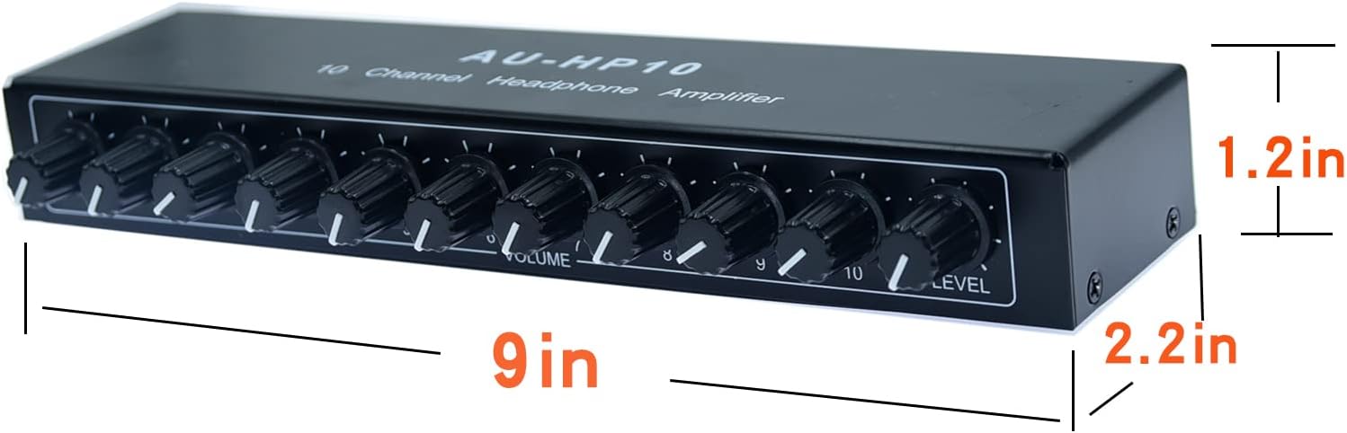 aux Mini Jack TRS 3.5 mm Input 1 in 10 Out Channel Headphone Amplifier Stereo Audio Amp with 12V 1A Power Adapter Distributor Headphone Splitter for Studio and Stage Black