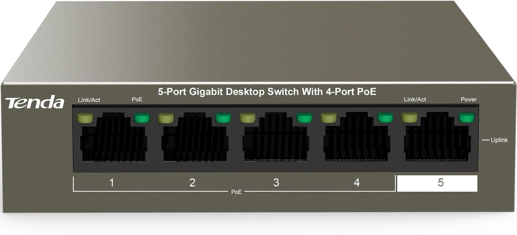 Tenda TEG1105P, 5 Port Gigabit PoE Switch Compatible with IEEE 802.3af/at Devices, Unmanaged PoE Switch with 4 Port PoE+@63W, Plug & Play, Fanless & Metal Design, Limited Lifetime Protection
