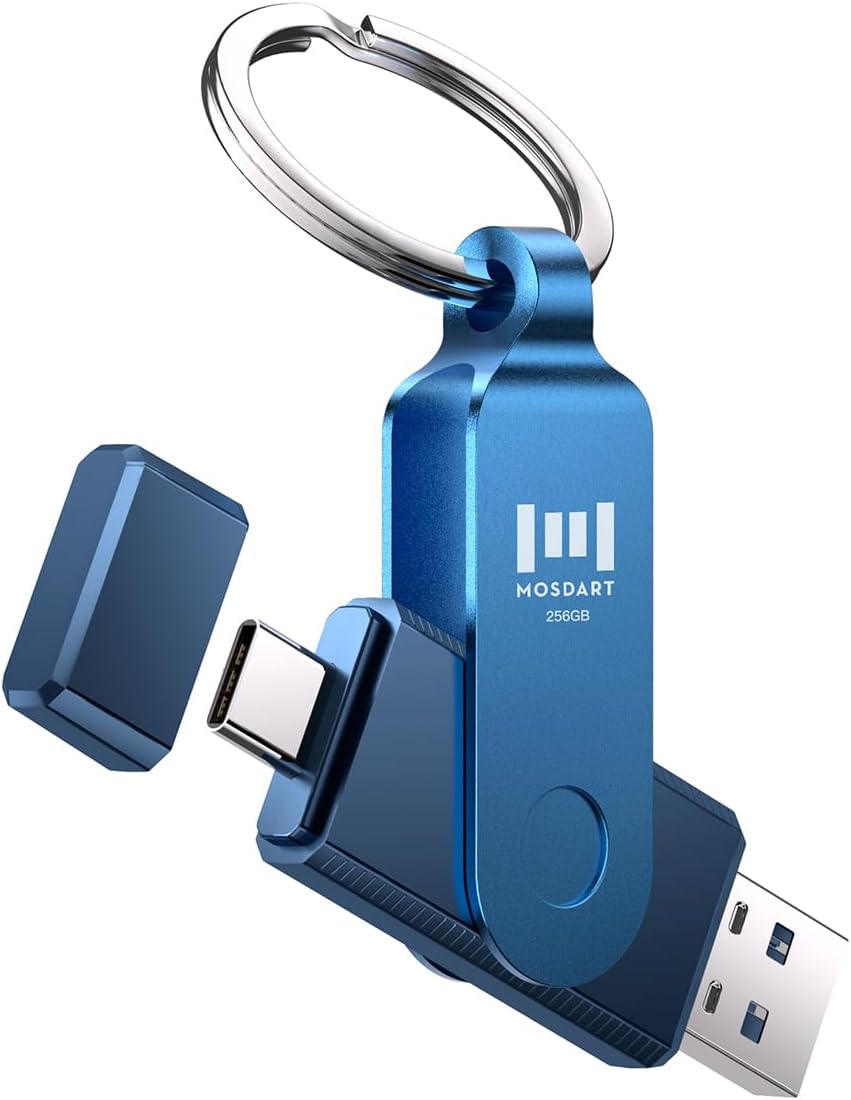 MOSDART 256GB Dual USB C Flash Drive, Speed Up to 150MB/S Type C 3.1 Thumb Drive with Keychain, for iPhone 15 and 16, Android Phone, iPad, MacBook, and Laptops, Navy Blue