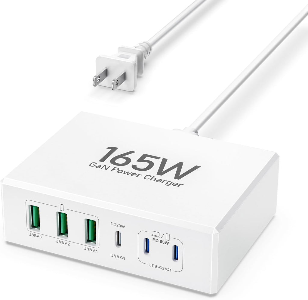 165W USB C Charging Station Hub, 6 Port PD GaN Fast Wall Charger Block Type C Laptop Power Adapter Charger Cube Brick for MacBook Pro/Air,iPad Pro,iPhone16 15 14 13 12, AirPods4，watch10 ultra2