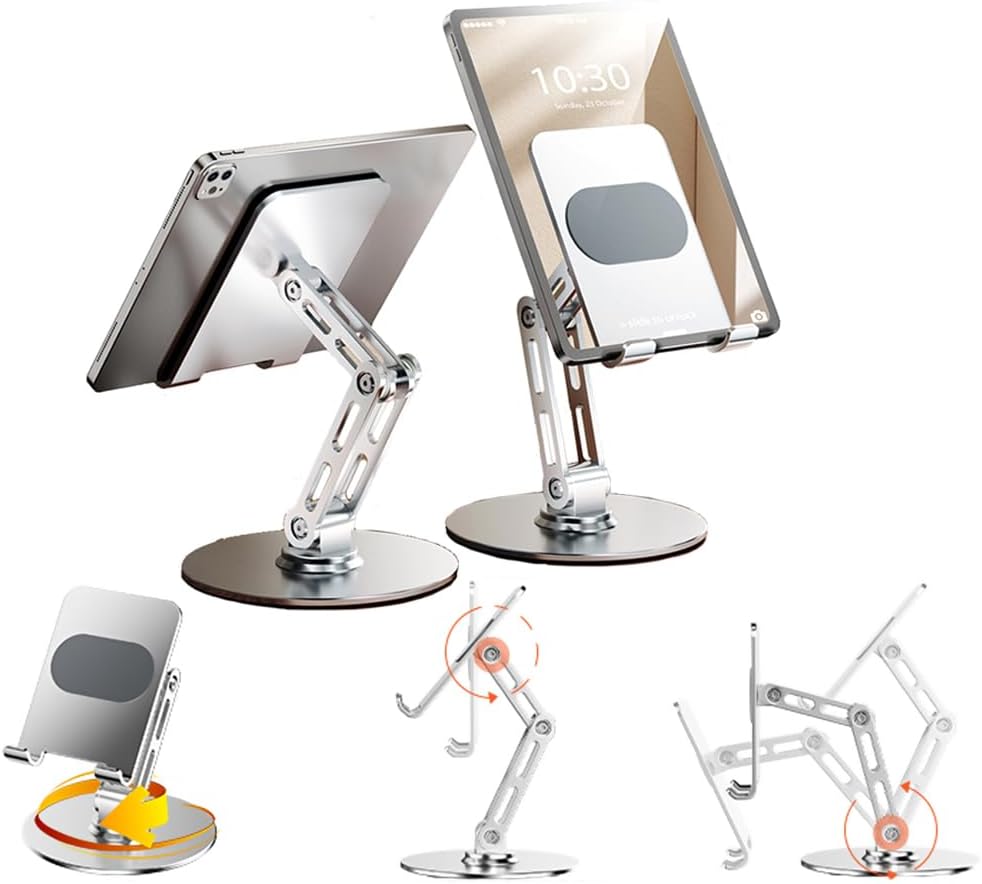 Adjustable Tablet Stand for Desk,for ipad Stand,for 4.7-12.9 Inch Devices,360° Rotating Aluminum Alloy,Silver Compatible with ipad Tablet Kindle TAB Surface Cell Phone Stand Holder for Desk