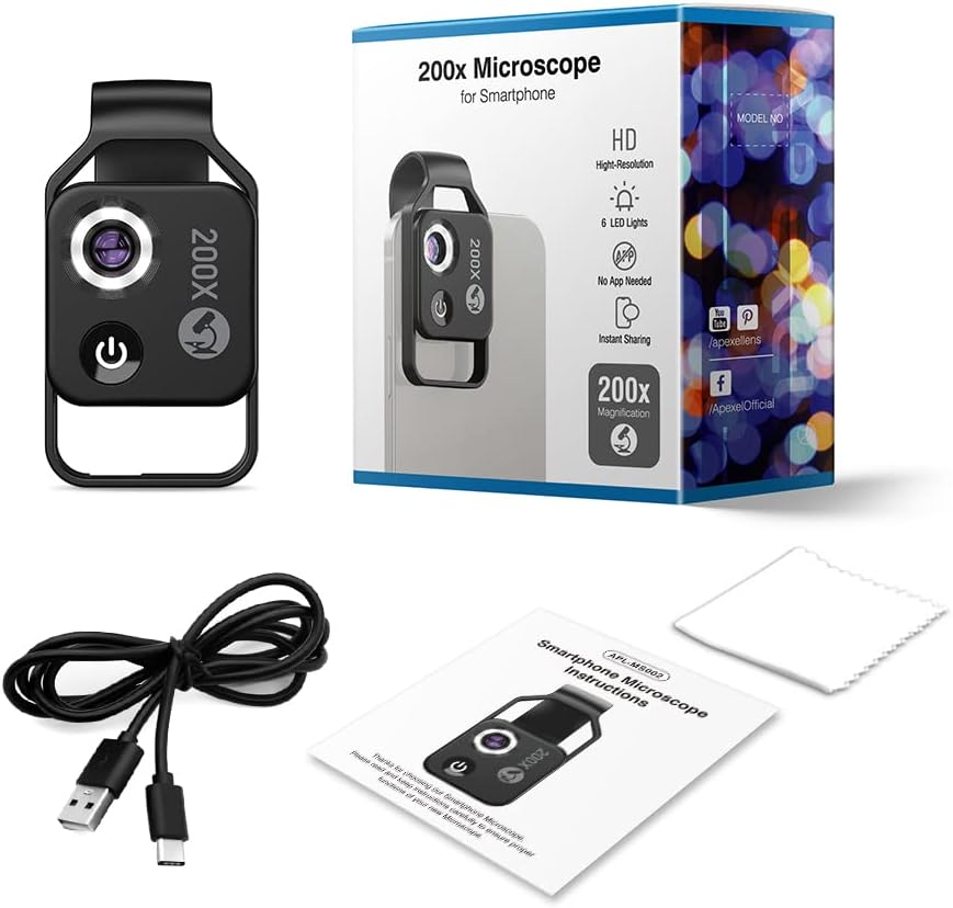 200X Magnification Microscope Lens withCPL Mobile LED Light Micro Pocket Macro Lenses for iPhone Samsung All Smartphones (White Without CPL)