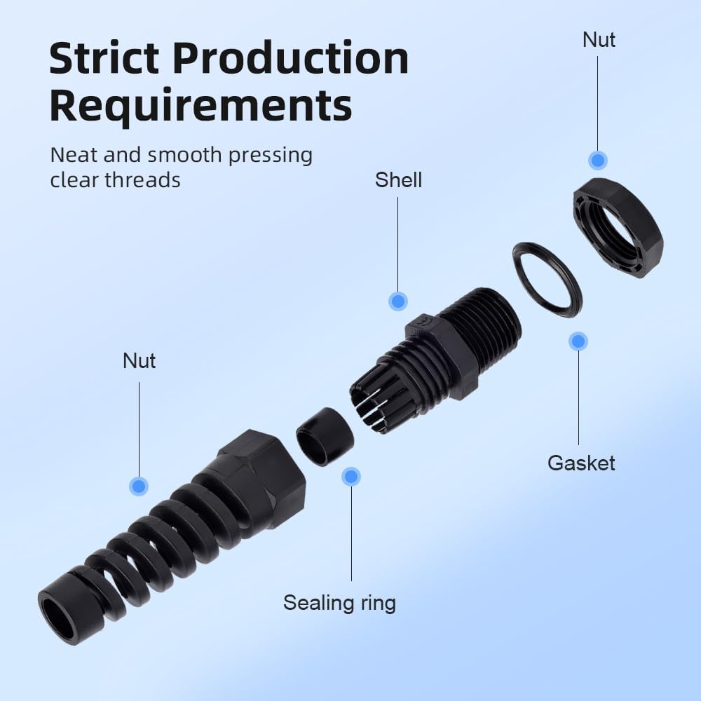 Strain Relief Cord Connector, CGELE 10 Pack NPT 1/4" Waterproof Cable Gland Cord Grip Spiral Adjustable Connector Strain Relief Cord Connectors Joints Nylon with Gaskets