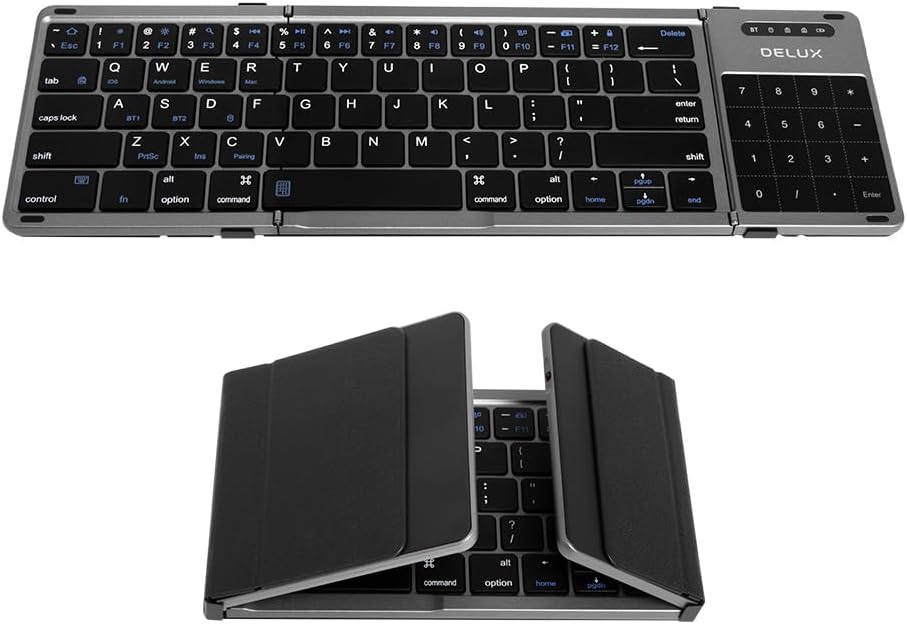 DeLUX Foldable Keyboard with Touchpad and Numeric Keypad, 2.4G Wireless and Bluetooth, Rechargeable Portable Travel Folding Keyboard with PU Leather, for iOS Android Windows Tablet (KF18)