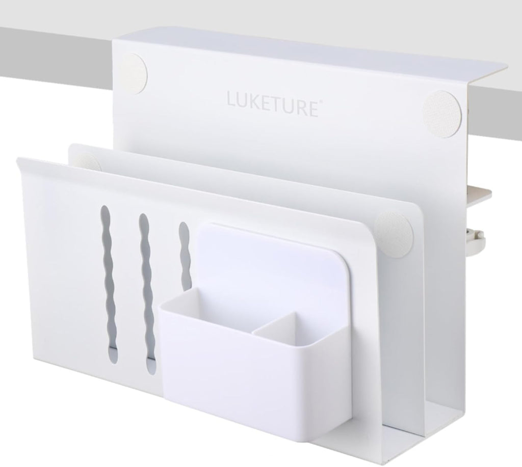LUKETURE Laptop Holder, Steel Desk Side Storage, No Drill Standing Desk Accessories, Clamp on Laptop Mount with Pen Holder, Fits Flat Edge Tables 0.3" to 2.8" (White, L(2 Tier))
