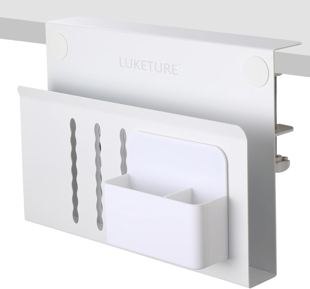 LUKETURE Laptop Holder, Steel Desk Side Storage, No Drill Standing Desk Accessories, Clamp on Laptop Mount with Pen Holder, Fits Flat Edge Tables 0.3" to 2.8" (White, M(1 Tier))