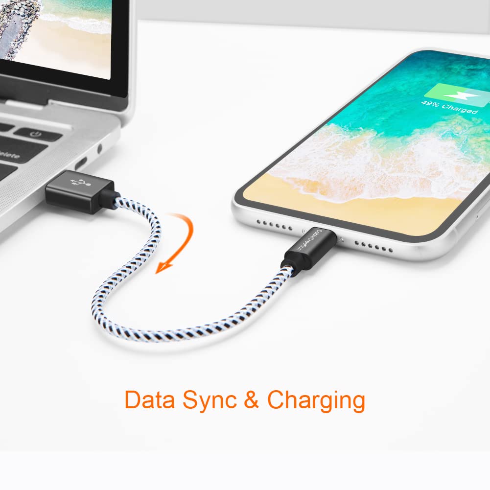 CableCreation 0.5 Feet Short iPhone Charger Cable, [MFi Certified] Lightning to USB Data Sync Cord, Compatible with iPhone 14/14 Pro, AirPods Pro, iPhone 13/13 Pro/12, iPad Pro, Air, 0.15M Black&White