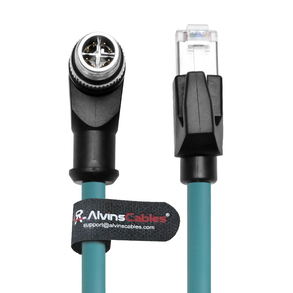 Alvin's Cables M12 X-Code 8 Pin Male to RJ45 Ethernet Cable for Cognex Keyence Camera, High-Flex Cat6a Cable for Industrial Automation, Fieldbus Module, Robotics, Right Angle 16.4ft/5m Green