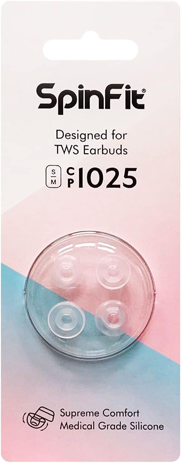SpinFit CP1025-M/S- Medical Grade Silicone Patented Ear Tips, Secure Fit and Supreme Comfort Fits MTW3, Galaxy Buds 2, Soundcore Space A40 & More (2 Pairs) (for Nozzle Diameter from 4-5.5mm)