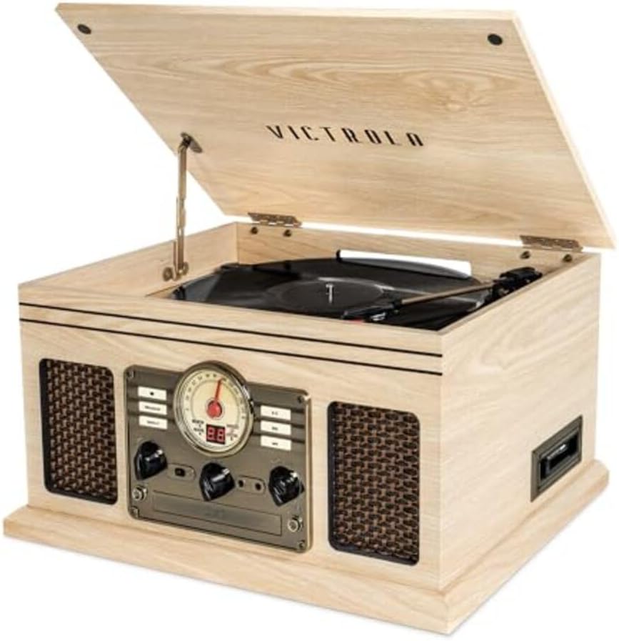 Victrola The Quincy 6-in-1 Bluetooth Record Player & Multimedia Center with Built-in Speakers – 3-Speed Turntable, CD & Cassette Player, AM/FM Radio, Wireless Music Streaming (Natural)