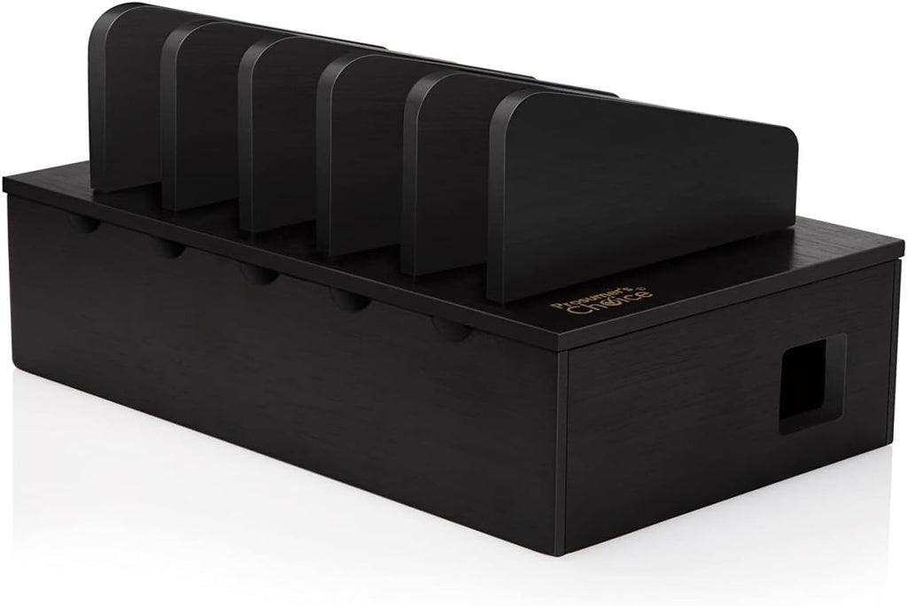 Prosumer's Choice Natural Bamboo Device Charging Station for Multiple Devices | Desk Dock Organizer for Cell Phone, Tablet, Apple iPhone, iPad | with Removable Dividers - Black