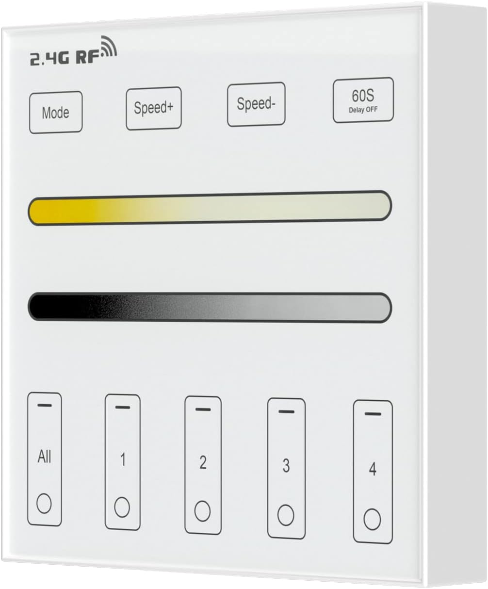 BTF-LIGHTING Wireless 2.4G RF 4 Zone Single Color Wall Mounted Smart Panel Remote Powered by 2XAAA Batteries 3V Work with WB5 LM052 LM053 C01RF C02RF C01W C02W etc PWM Controller