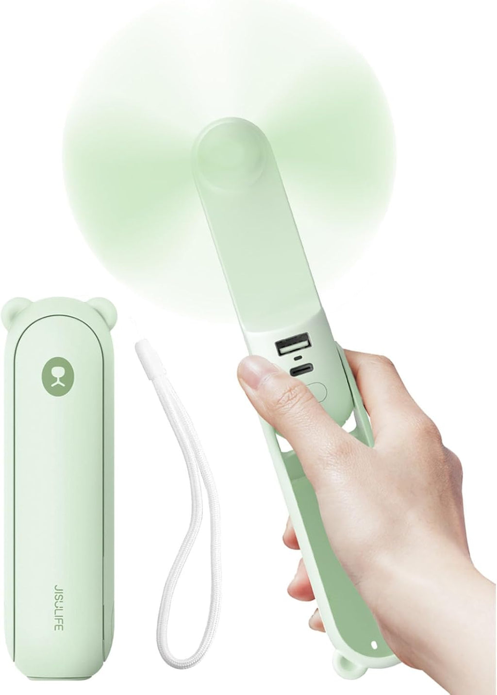 JISULIFE Handheld Fan with 4500 mAh Powerbank Max 37 Hours Runtime, Pocket Portable Battery Operated or USB Powered Folding Personal Fan, 3 Speeds, Gifts for Women Men Kids Gift for Festival-Green