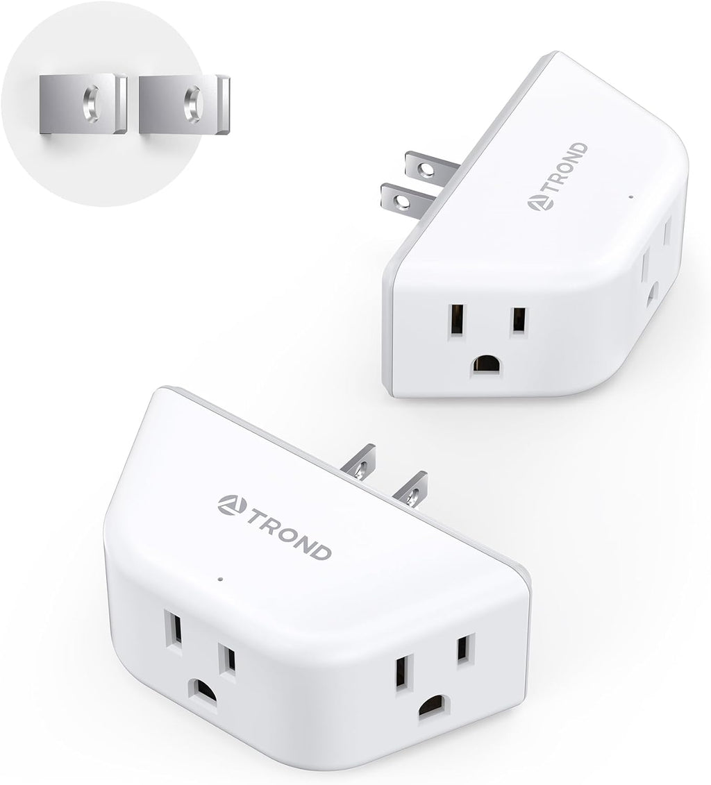 TROND 2 Prong to 3 Prong Outlet Adapter 2 Pack, 3-Way Angled Wall Extender with 3 AC Sockets, Plug Expander for Non-Grounded Outlets in Old House, Cruise Ship Essentials, White