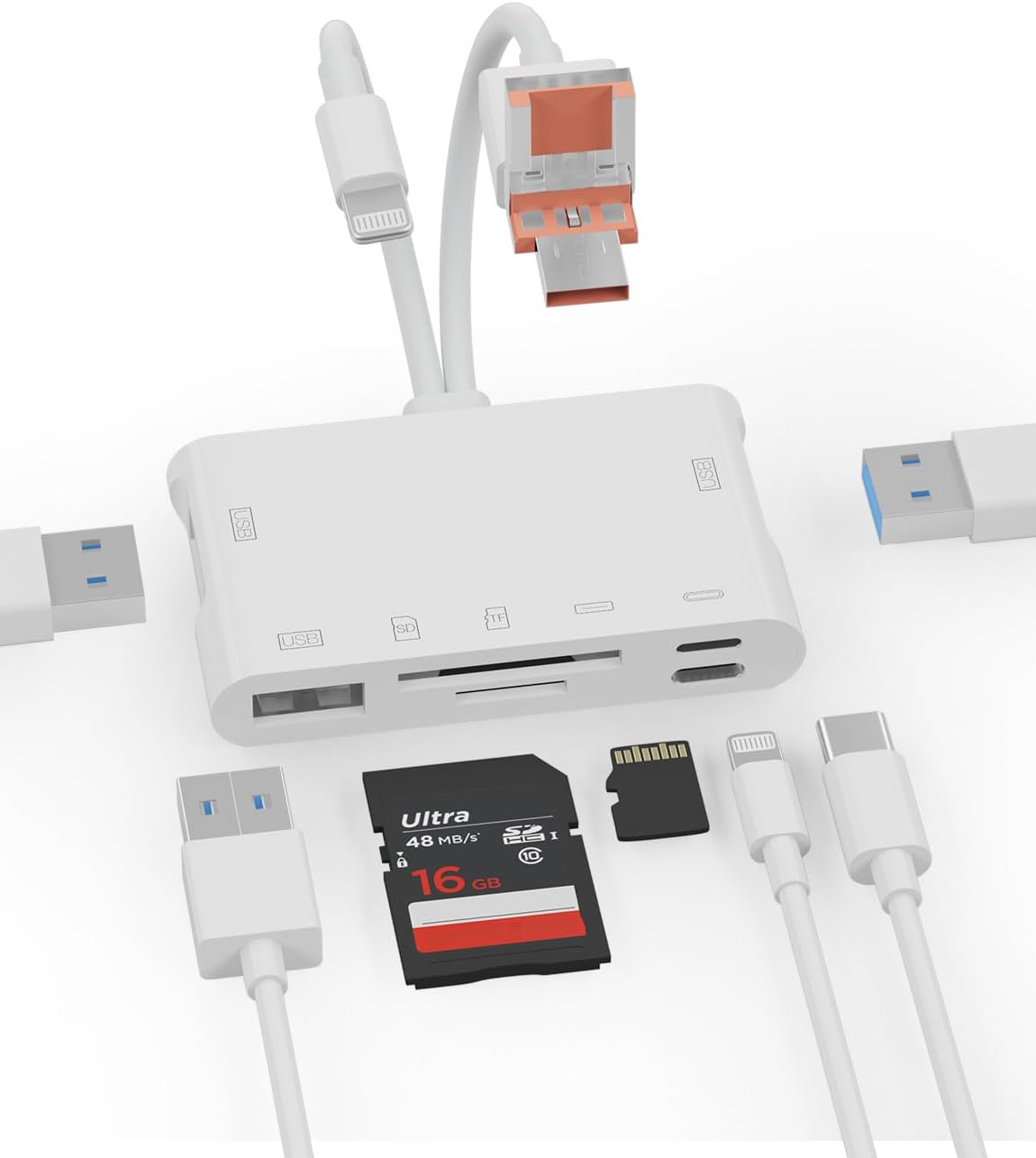 Memory Card Reader, 7-in-1 SD Card Reader & USB OTG Adapter with Micro SD & SD C ard Slots, SD Card Reader for i-Phone/i-Pad, USB-C and USB-A Devices, Supports SDHC/SDXC/MMC Apple iOS