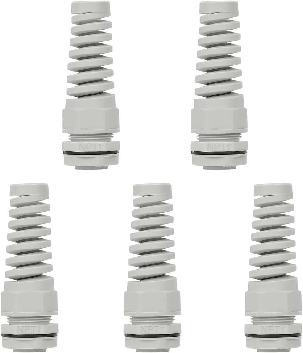 LeMotech 5Pcs NPT 1" IP68 Waterproof Cable Gland Flex Spiral Strain Relief Grey Nylon Joint with Gaskets for 18-25mm Wire Thread