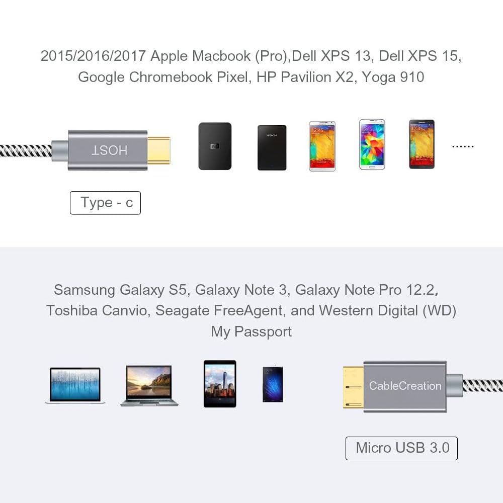 CableCreation 3.3FT USB C to Micro B Cable,10Gbps Speed External Hard Drive Braided,USB 3.1 Type C to Micro B Work for iPhone 15 Series,Seagate WD Westgate My Passport,MacBook Pro,iPad/Tablet,Grey