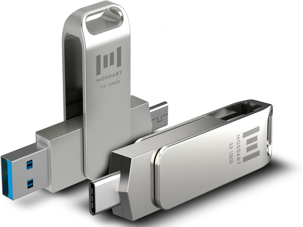MOSDART 128GB USB3.1 Fast Speed C and A Dual Flash Drive, exFAT Memory Stick with Keychain Loop, for iPhone 15 and 16, Android Phone, iPad, MacBook, Silver(Pack of 2)