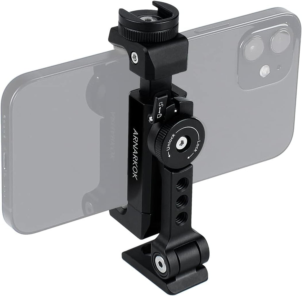 Metal Phone Tripod Mount w Rotatable Cold Shoe for Micphone Easy Use,Compatible with iPhone Tripod Adapter, Cell Phone Mount Holder,Hot Video Creater Vlogging Rig