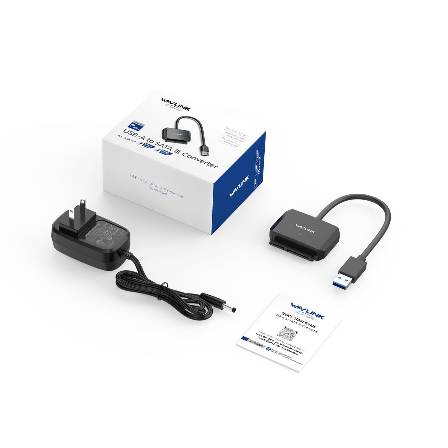 WAVLINK SATA to USB Type-A Hard Drive Cable, 5Gbps USB3.0, Supports UASP, External Hard Drive SATA I/II/III Connector, 2.5" SSD/HDD and 3.5" HDD up to 20TB, Power Adapter Included