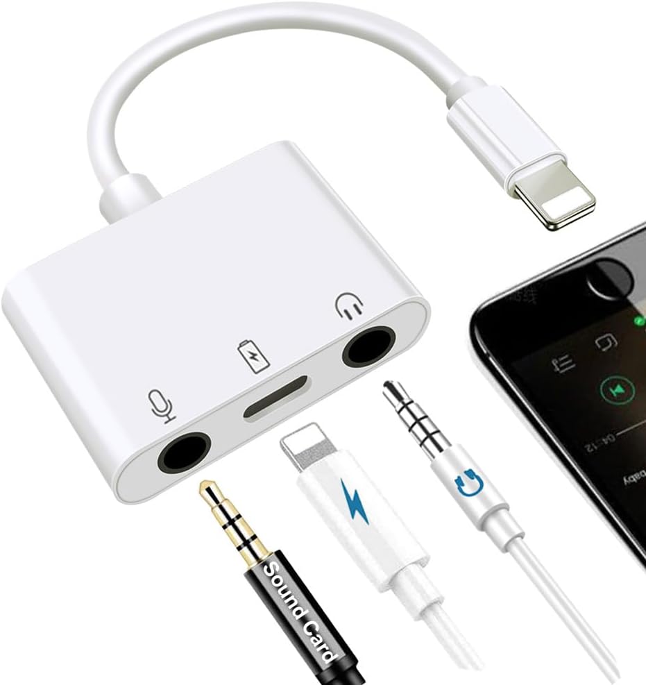 Microphone & 3.5mm Headphone Adapter for iPhone Microphone Adapter for Live-Streaming with Charging Port Lighting to Audio & MIC Adapter Compatible with iPhone/iPad