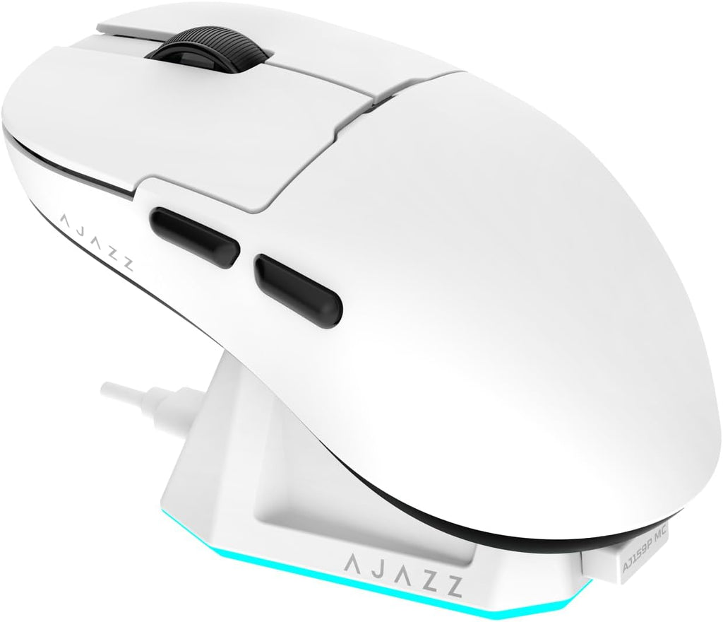 AJ159P MC Triple Mode (2.4G/Wired/Bluetooth 5.2) Gaming Mouse, 12000 DPI, 56g Ultra-Light, Magnetic RGB Charging Dock, Programmable 6 Buttons, Ergonomic Design for Computer Laptop PC, White
