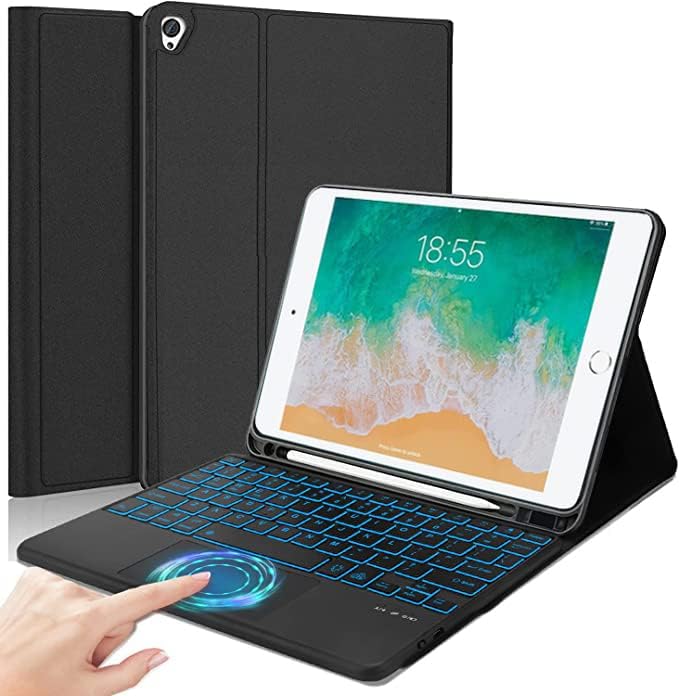 Keyboard Case for iPad Pro 12.9 Inch 2017/2015 (1st & 2nd Generation), 7 Color Backlit, Multi-Touch Trackpad, Detachable Wireless with Pencil Holder Stand Folio Keyboard Cover, Black