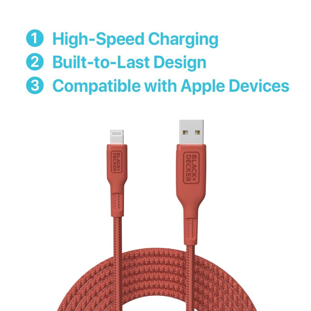 BLACK+DECKER Lightning to USB Cable - Fast Compatible iPhone Lightning Cable - Durable Braided iPhone Charger Cord - for Travel and Daily Use - Multiple Color + Length Options - 9ft
