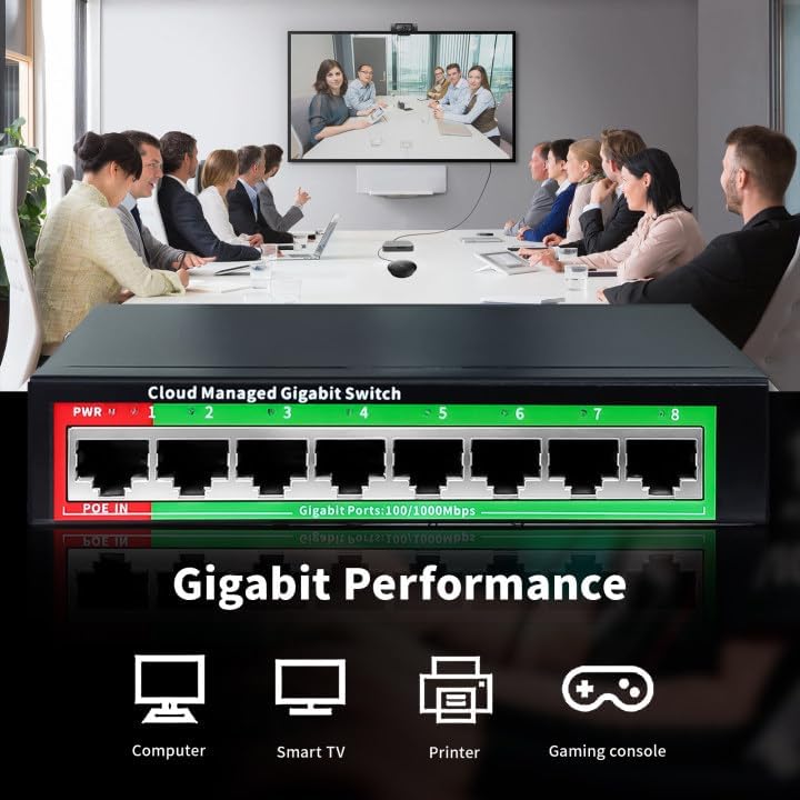 STEAMEMO 8-Port Gigabit Ethernet Switch | Smart Managed with VLAN & QoS | Plug & Play Desktop/Wall-Mount Network Hub w/ PoE in Design | Metal Housing & Web Managed(Includes Power Adapter)