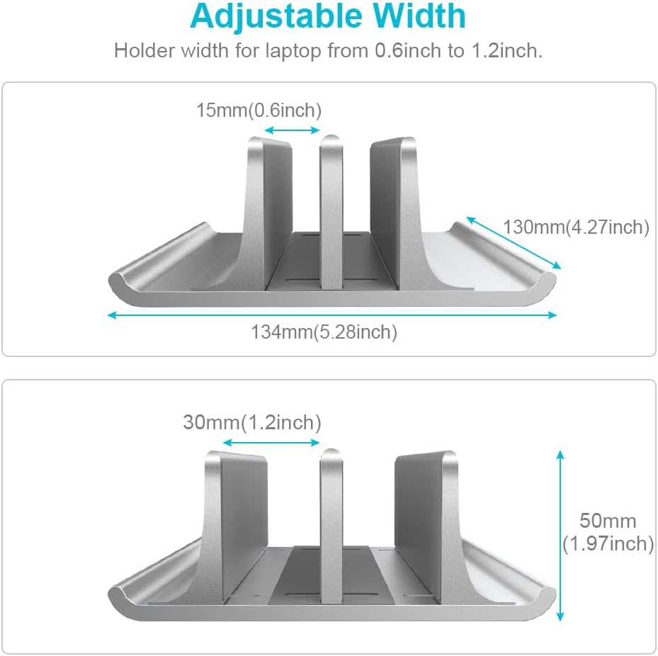 Vaydeer Aluminum Laptop Stand Double-Slot Adjustable Vertical Laptop Stand Newly Designed 2 Slot Desktop Holder for All MacBook/Chromebook/Surface/Dell/iPad Up to 17.3 Inches, Silver