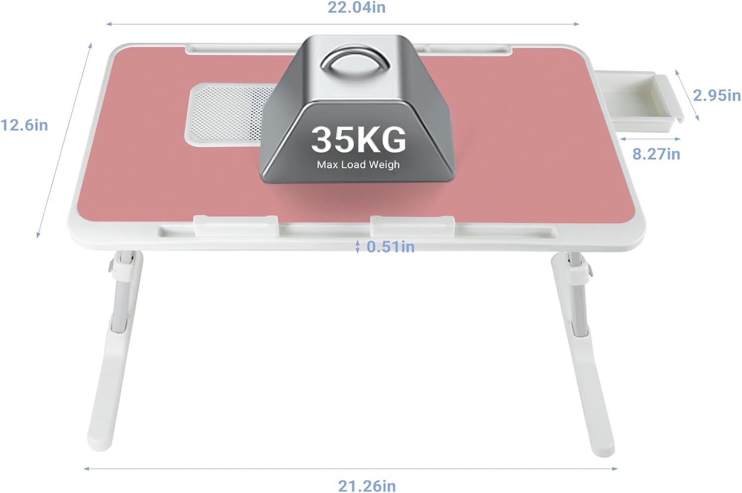 Laptop Lap Desk Include Cooling Fan,Adjustable Lap Desk with Light Fan,Folding Laptop Desk for Bed with USB,Bed Desk with Storage Drawer 56x32cm,Pink