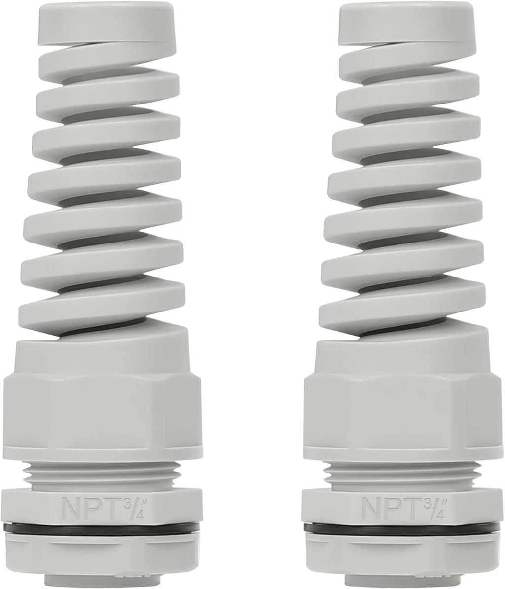 LeMotech 2Pcs NPT 3/4" IP68 Waterproof Cable Gland Flex Spiral Strain Relief Grey Nylon Joint with Gaskets for 13-18mm Wire Thread