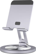 360 Rotating Phone Stand for Desk, Dual-Adjustable Foldable Aluminum Desktop Phone Holder Compatible with iPhone 16 15 14 13 12 11 Series, iPad-Mini, 4-8" All Phones (Grey)