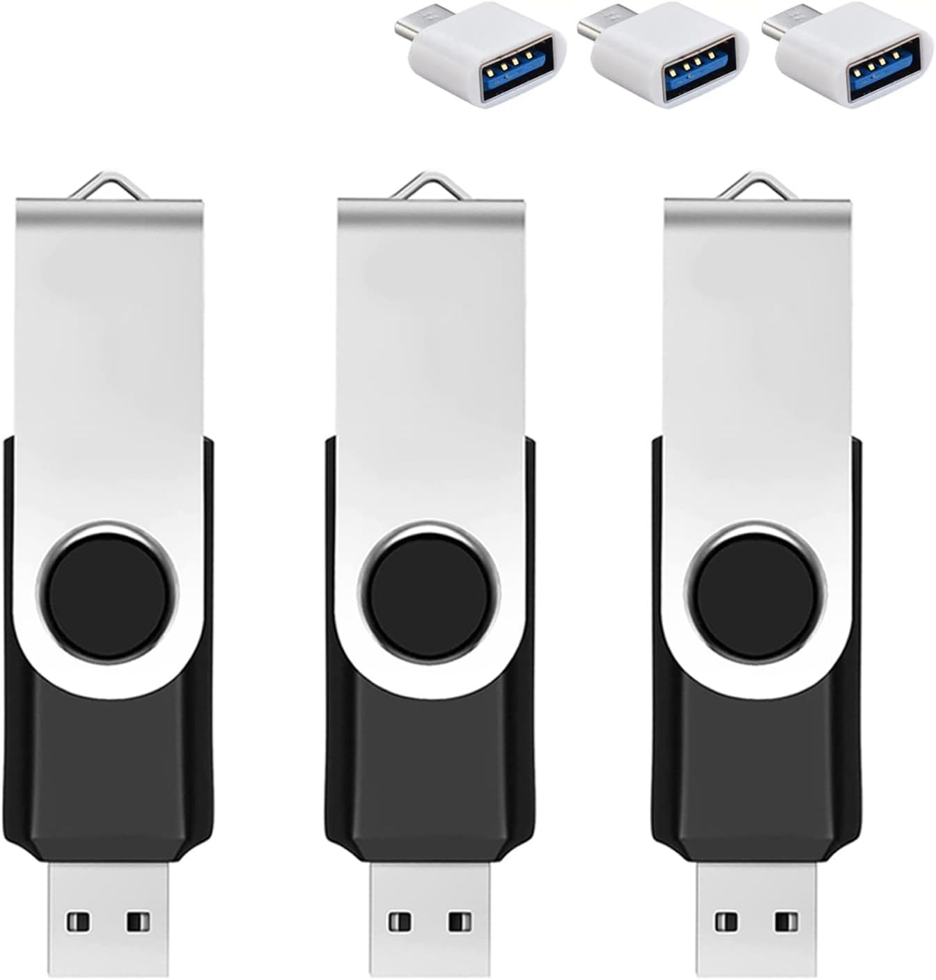 3 Pack 32GB USB Flash Drive with Type C Adapter and Storage Box USB 2.0 High Speed Metal Pen Drive 360° Rotatable Storage Memory Stick for Phone/Pad/PC/Laptop/Android - Black(3-Pack 32GB)
