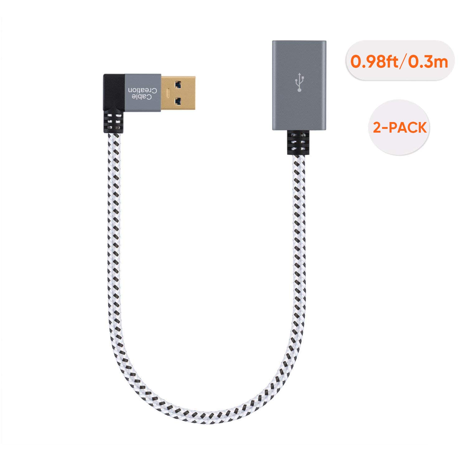 CableCreation [2-Pack Short USB 3.0 Extension Cable Right Angle, 1FT Male to Female Extender Cord for Flash Drives, Keyboard, Scanners, PlayStation, 0.3m, Space Grey