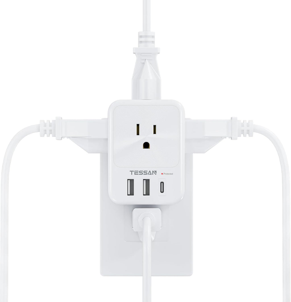 USB Charger Block, TESSAN Outlet Extender Surge Protector with USB C, 4 AC Multi Plug Wall Outlet Splitter 1875W, Electrical Plug Expander for Home Office Dorm Room Essentials, White