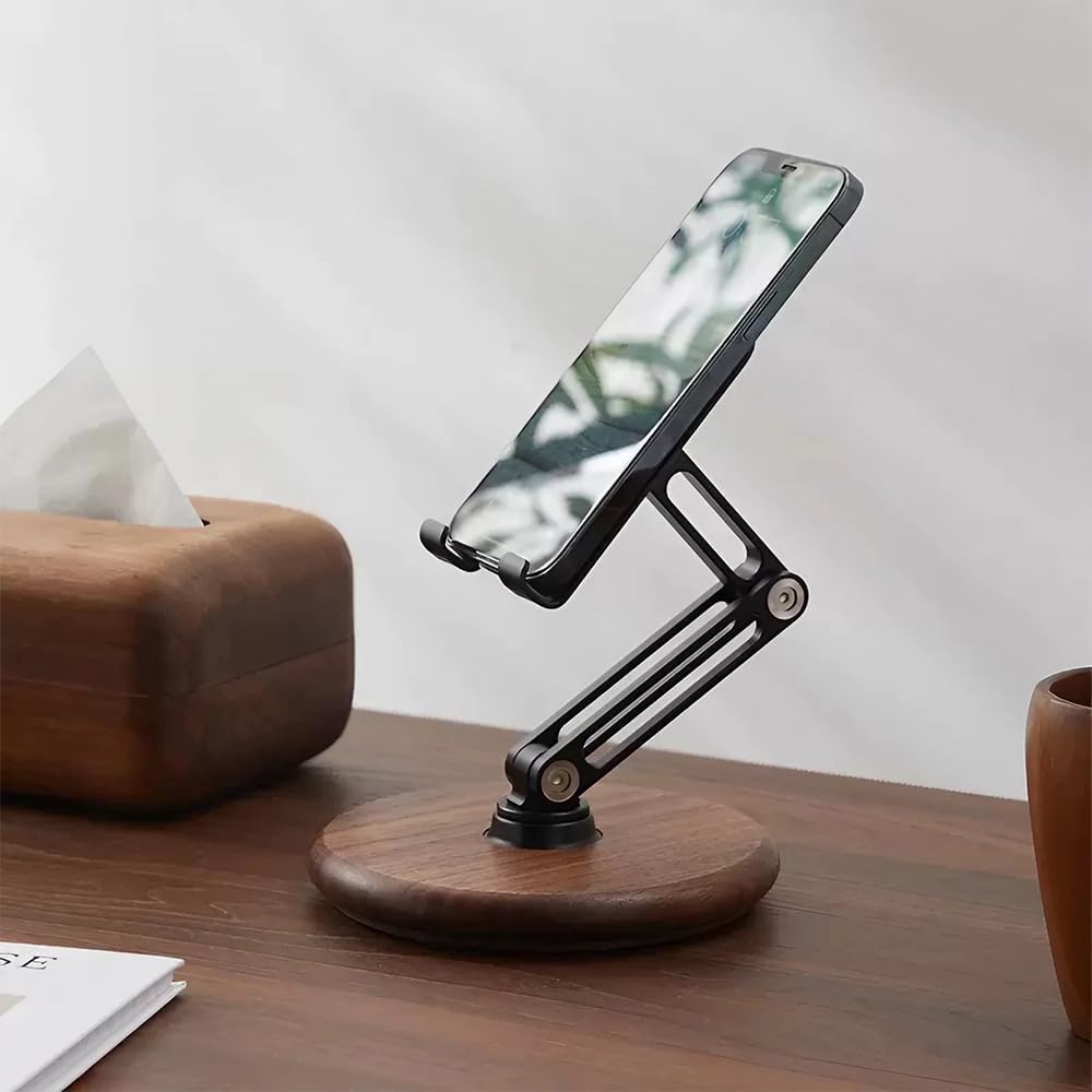 iPhone Stand for Desk, Phone Stand Adjustable Foldable, Cell Phone Holder 360 ° Rotation, Compatible with iPhone 16 15 14 13 12 11 Pro Xs Xs Samsung Galaxy Tablets All Phones, Walnut