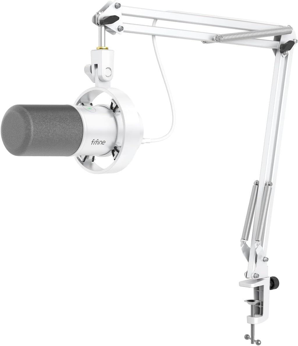FIFINE Dynamic Microphone with Boom Arm, Studio Vocal XLR Microphone, Podcast USB Mic Kit for PC with Mute Button, Volume Knob, Headphone Jack, for Streaming Recording-AmpliTank K688CT White