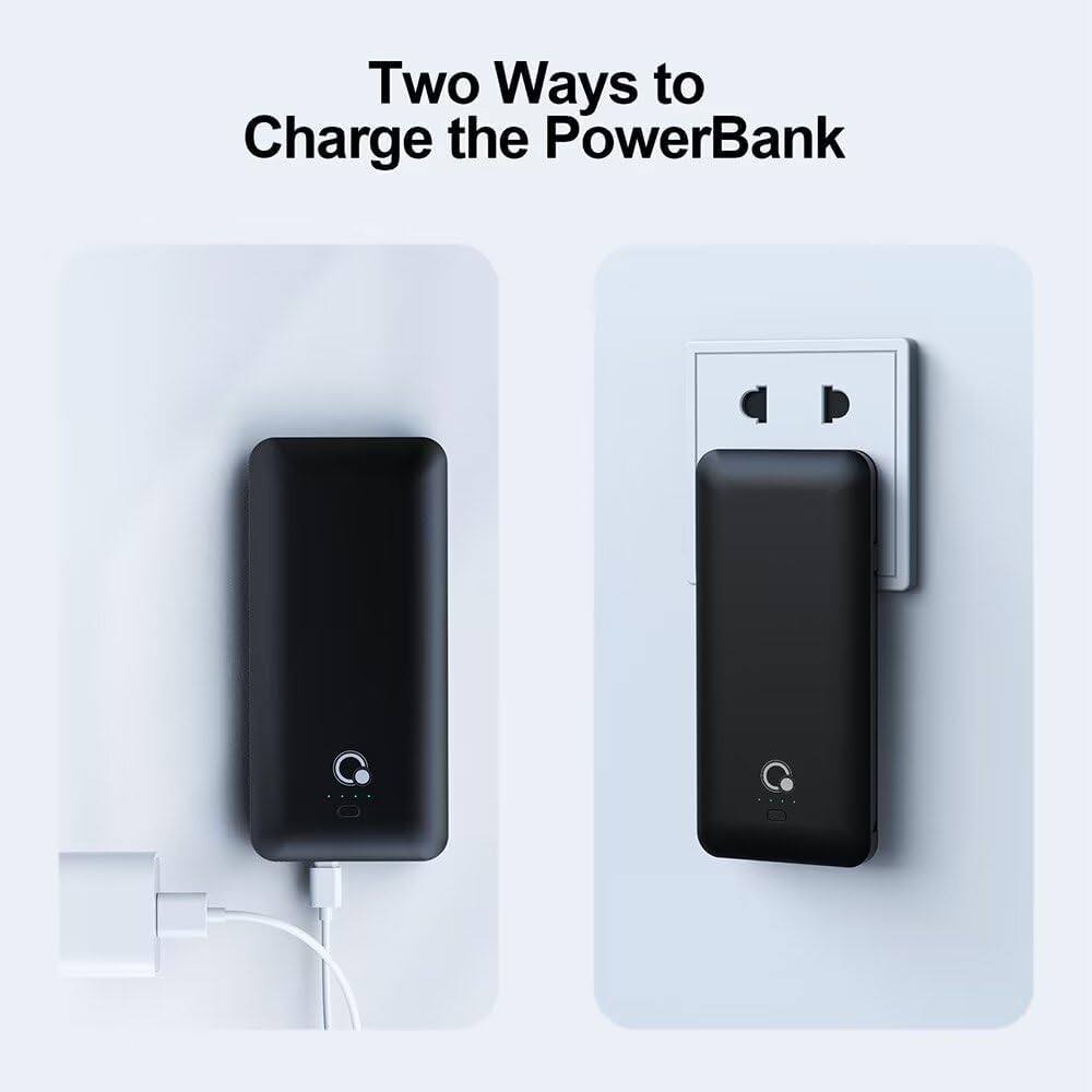 Q 10000mAh Power Bank, Slim Portable Charger,4 Output External Battery Pack with Built-in AC Wall Plug Micro USB C 3 Cables Compatible with iPhone Samsung Android Phone Tablet and More