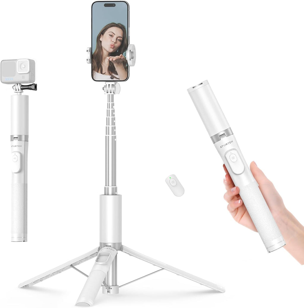 ATUMTEK 63" Phone Tripod, Extendable Selfie Stick Tripod with Bluetooth Remote, All-in-One Aluminum with Cold Shoe Mount for GoPro, 4"-7" iPhone and Android Smartphones, White
