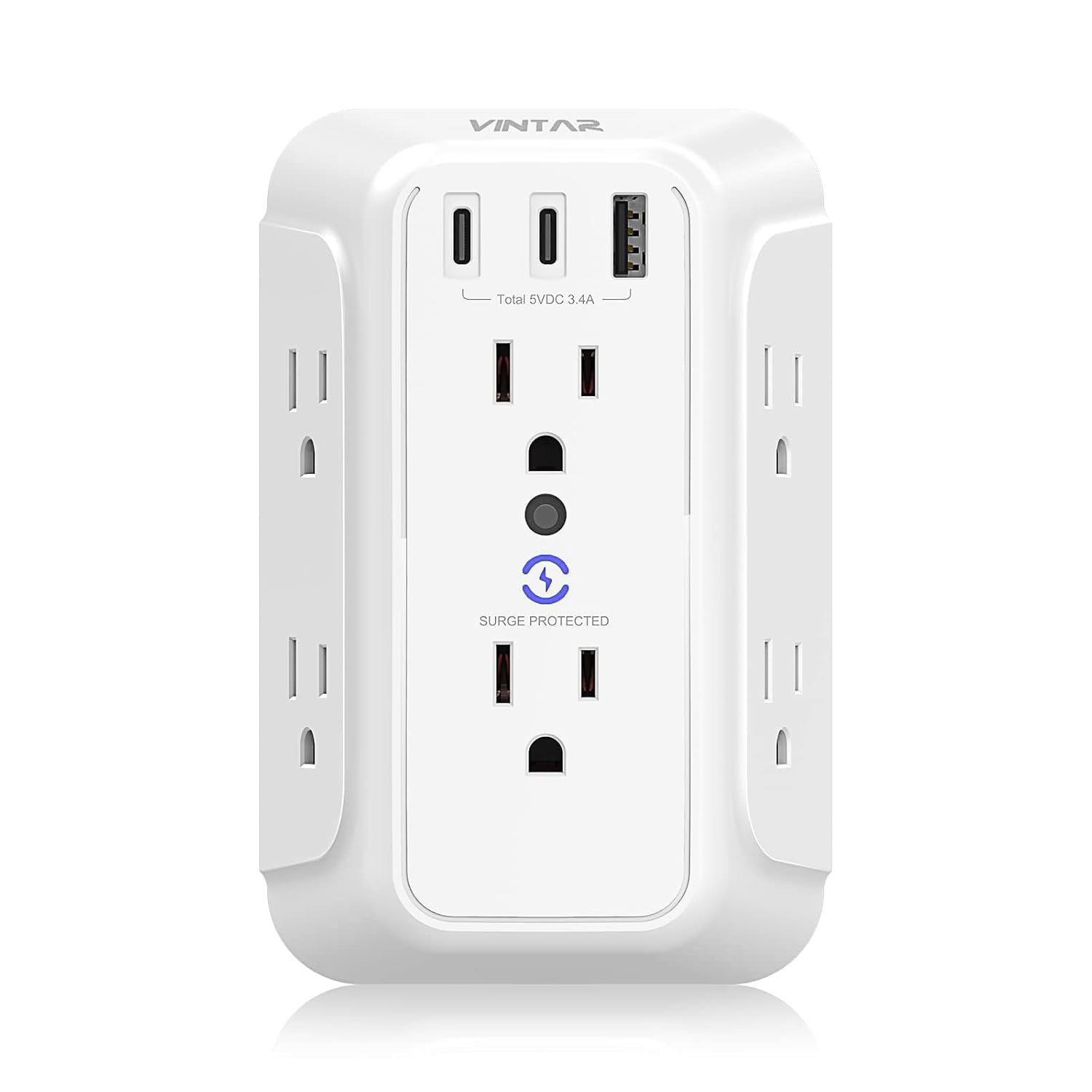 Surge Protector Outlet Extender, VINTAR 6 Outlet Splitter with 3 USB Charging Ports (2 USB C Ports), 900J Multi Plug Outlet Power Strip, 3-Sided USB Wall Charger for Home Office Dorm Room Essentials