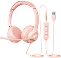 USB Headset with Microphone for PC, On-Ear Computer Laptop Headphones with Noise Cancelling Mic in-line Control for Home Office Online Class Zoom (USB+3.5mm, Pink)